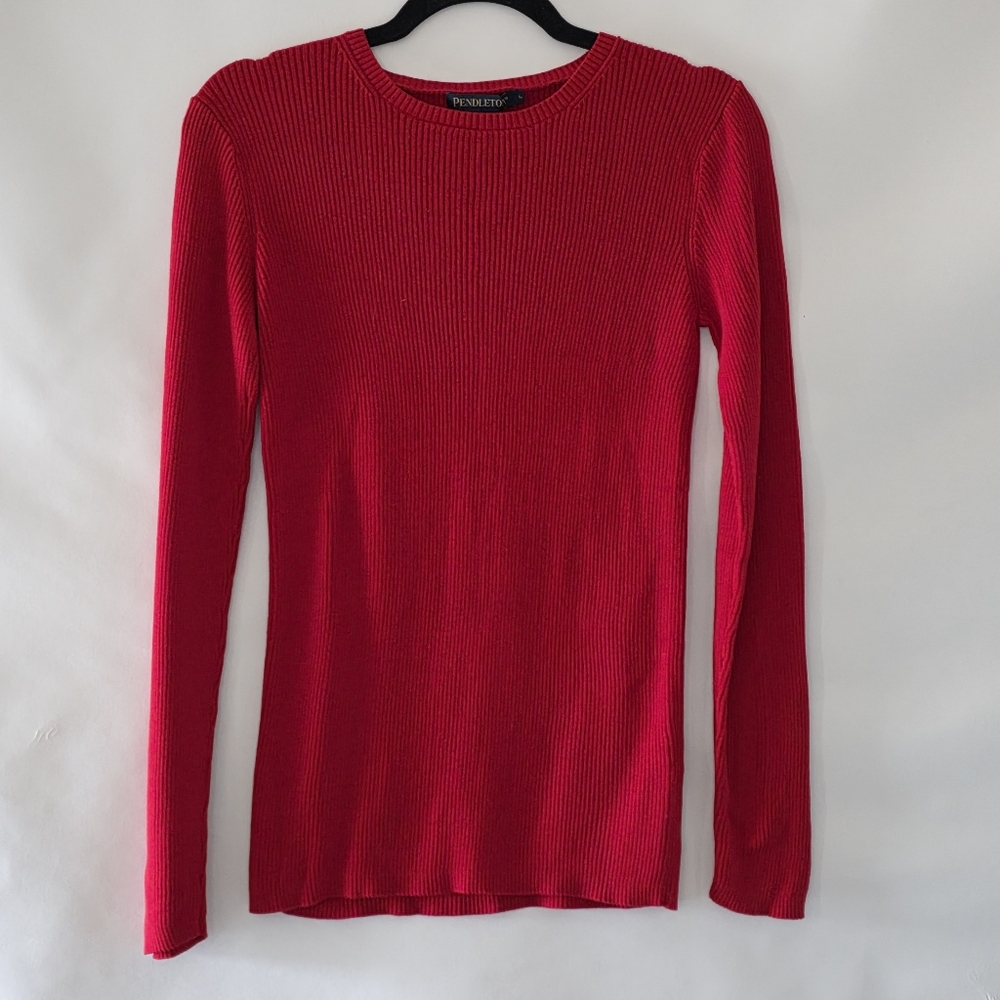 Pendleton Silk Blend Ribbed Sweater Size L Red Long Sleeve Pullover Top Stretch
